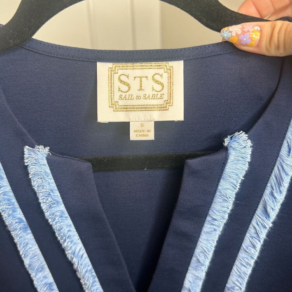 Sail to Sable Navy Blue Short Sleeve Shift Dress with Fringe Detail size Small - Picture 5 of 6
